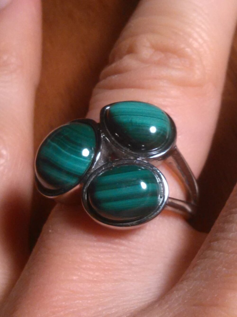 African Malachite Three Stone Stainless Steel Ring (Size 6)